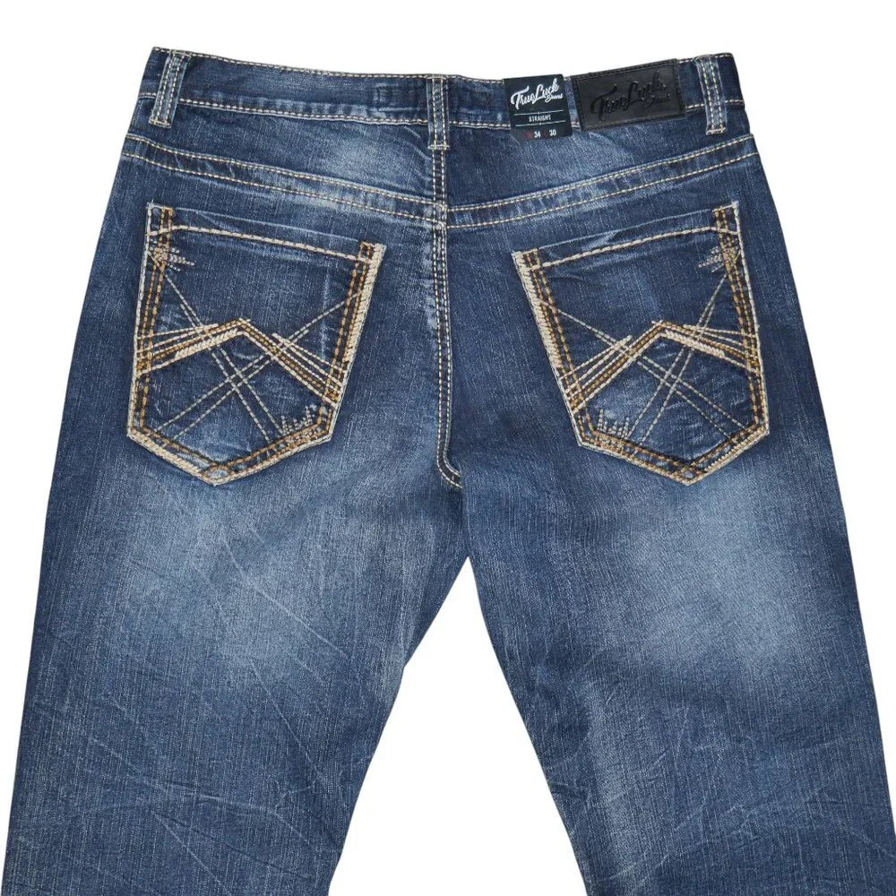 True Luck Straight Leg Jeans Dark Wash Denim Men's Size 32x32 Thick Stitch BKE